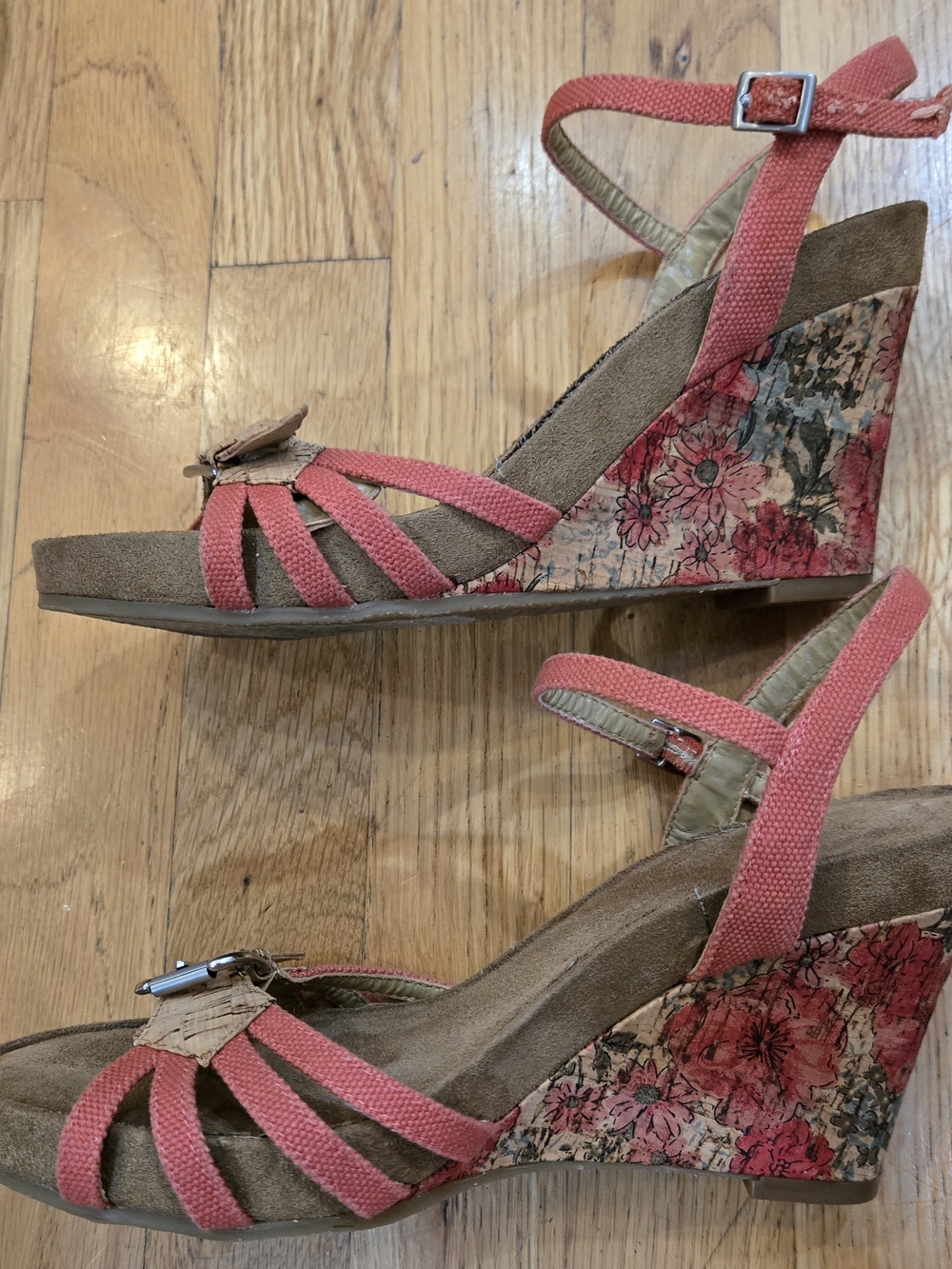 Women’s Coral Fabric Wedge Sandals with Floral Cork Heel